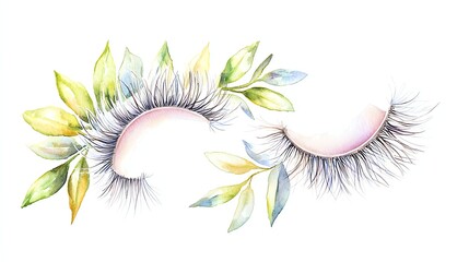 Obraz premium Elegant watercolor eyelashes adorned with delicate leaves on a white isolate background.