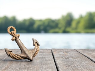 A rustic anchor resting on a wooden dock by a serene lake surrounded by greenery