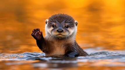 Naklejka na ściany i meble Playful Otter Waving in Calm Water with Orange Background