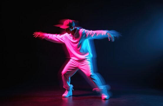Dynamic portrait of hip-hop dancer dancing on dark background in mixed neon light. Youth culture, movement, style fashion. Stylish freestyle breakdance, action show. Hip fashionable teen dancing,