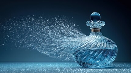 Blue perfume bottle with diffusing mist