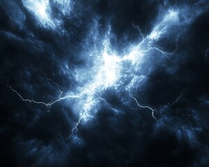 Dramatic atmospheric sky showing a bright lightning storm and dark clouds