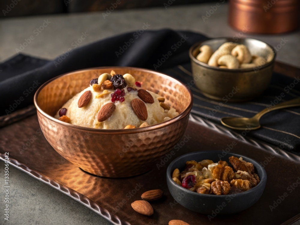 Poster a bowl of ice cream with nuts on top, placed on a metallic tray with a bowl of almonds nearby. The background features a rustic setting with a metallic bowl and spoon.