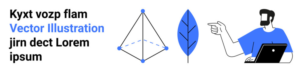 Geometric shape with nodes, a stylized leaf, and a man using a laptop gesturing toward an idea. Ideal for technology, education, science, innovation, creativity communication teamwork. Flat landing
