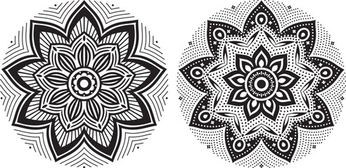 Intricate Black and White Mandala Art Design Set with Geometric Floral Patterns for Coloring Pages Mehndi Tattoo Stencils and Decorative Elements