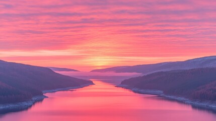Fototapeta premium A quiet lake reflects a colorful sunset, bordered by dense trees and hills, crafting a peaceful scene
