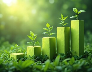 Green growth concept with plant sprouts on bar graph blocks. Sustainable development, progress, investment in eco-friendly technology. Foliage nature background with green earth future metaphor,