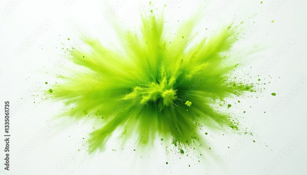 Poster abstract vibrant green powder burst explosion against white background. dynamic cloud of colorful pa