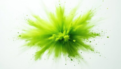 Abstract vibrant green powder burst explosion against white background. Dynamic cloud of colorful particles splash, spray creating bright intense visual effect. Expressive design art for banners