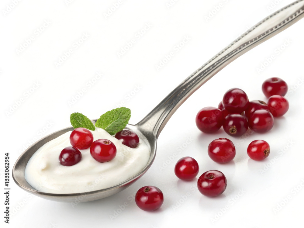 Poster a spoon filled with yogurt and a few bright red cranberries on a white background.