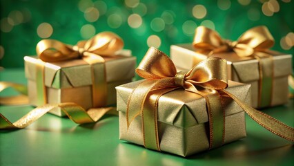 Luxurious gift boxes with gold ribbon tied in a elegant knot on a soft festive green background, elegant packaging, luxurious presents