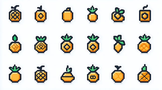 Pixelated fruit designs in various shapes and designs displayed in rows