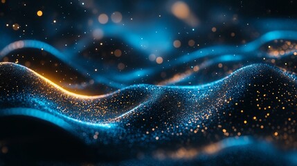 A dynamic cosmic scene with glistening blue and gold particles connected by bright lines, giving a feeling of depth and energy