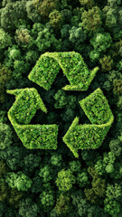 Recycling symbol made of green trees in lush forest, environmental sustainability concept, eco-friendly conservation message, nature protection, renewable resources, and ecological responsibility
