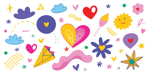 Colorful Doodle Art: Hearts, Flowers, Clouds, Sun, Diamond, and Abstract Shapes Vector Illustration for Creative Designs