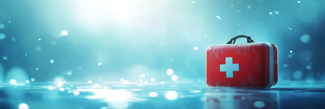 A first aid kit placed against a calming blue background, capturing a professional medical style with clean, simple visuals that promote reliability, ideal for health and safety awareness materials