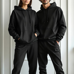 Woman, man wear black hoodie, pants without logo. No logo basic sport garment. Young couple in casual tracksuits. Long sleeve sweatshirt mockup for cloth brand demo.