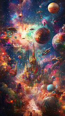 This dynamic, futuristic illustration of a space city features towering skyscrapers and flying vehicles, orbiting a vibrant exoplanet in a lively, cosmic backdrop