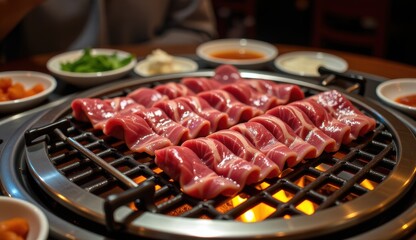 A close-up shot of raw beef being cooked on a charcoal grill with visible flames