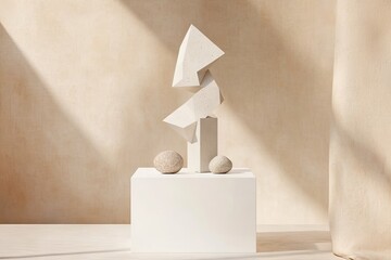 Abstract geometric art piece.  Light beige tones.  Modern, minimalist aesthetic.  Balanced composition on a white pedestal