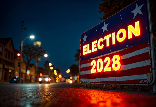 Illuminated Election 2028 sign with American flag design on street corner at twilight