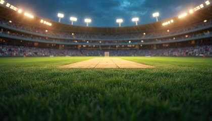 Cricket stadium brightly shines at night, wooden wickets. Arena with green grass field, floodlights, crowd awaiting match. Ideal background, presentation theme, web banner. Team sport championship.