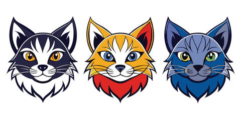 Fototapeta premium Cartoon Cats: Colorful Vector Illustration of Cute Feline Faces in Blue, Yellow, and Black for Mascot or Logo Design