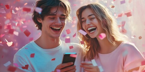 Young couple enjoys a joyful moment while celebrating with confetti at a festive outdoor gathering in the evening