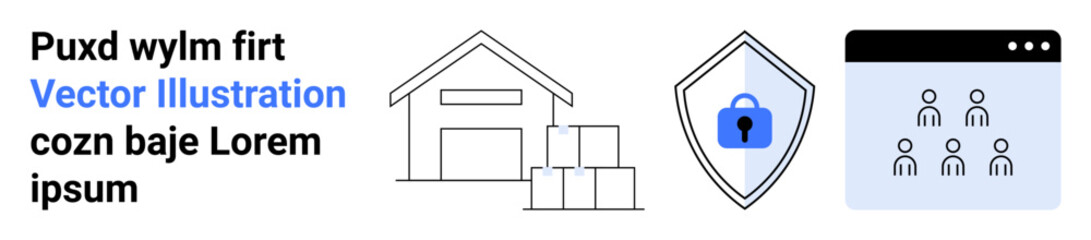 Outline of warehouse, boxes, shield with a lock symbol, and browser window with users. Ideal for logistics, cybersecurity, online users, storage management, teamwork e-commerce flat landing page