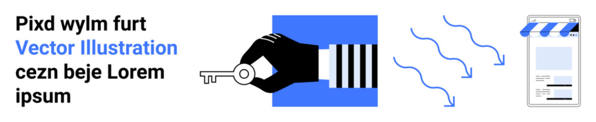 Hand holding key pointing at arrows moving toward storefront. Ideal for security, e-commerce, technology, digital access, online business, user interface, simple landing page