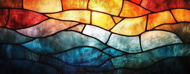 A vivid stained glass piece with swirling patterns of blue, orange, and yellow, creating a dynamic and visually striking effect