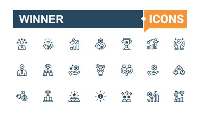 Set of Winner line icon. Featuring achievement, growth, win, grow, award, trophy and more. Success icon set. Vector outline and solid icons collection. Vector illustration. Pixel perfect.