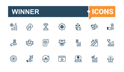 Set of Winner line icon. Featuring achievement, growth, win, grow, award, trophy and more. Success icon set. Vector outline and solid icons collection. Vector illustration. Pixel perfect.