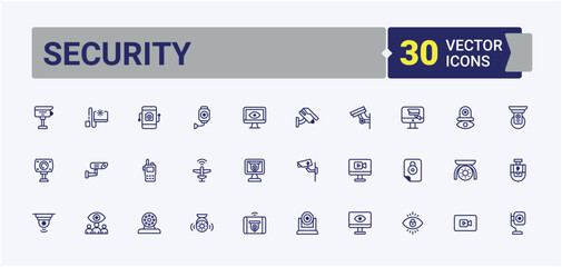 Security related icon. Featuring shield, guard, protection, cctv, firewall and more. Surveillance linear icon collection. Sign and Symbol. Vector line and solid icons.