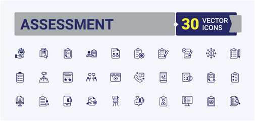 Assessment icon collection. Contains such icon as poll, checklist, feedback, questionnaire, experience and more. Survey vector icon set. Minimal icons set. Vector line and solid icons. Pixel perfect.