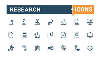 Research related icon set. Includes symbols for feedback, poll, quiz, checklist, review. Survey linear icon collection. Set of line pictogram. Solid line editable stroke. Vector collection.