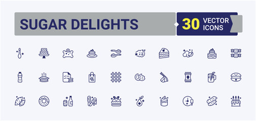Sugar Delights vector icon set. Included cookie, sweet, candy, cupcake, cake and more. Sweets linear icon collection. Flat icons. Art and illustration.