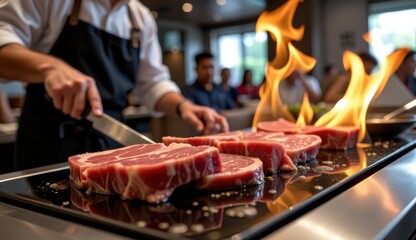 Naklejka premium A close-up shot of raw beef being cooked on a charcoal grill with visible flames