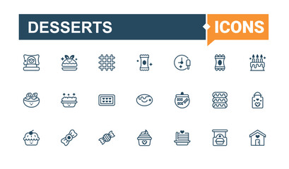 Desserts vector line icon set. Contains related to bakery, cream, cupcake, food, candy, cake, dessert and more. Sweets icon set. Collection for mobile and web apps. Vector artwork and illustration.