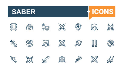 Sabre modern icon set. Includes thin line dagger, knife, blade, war, sharp. Sword line icon set. Perfect for logos and infographic. Solid line editable stroke. Vector collection.