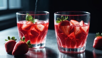 Strawberry cocktails in glasses with fresh fruit. Refreshing drink, summer concept. Close-up, studio shot.