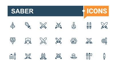 Sabre modern icon set. Includes thin line dagger, knife, blade, war, sharp. Sword line icon set. Perfect for logos and infographic. Solid line editable stroke. Vector collection.