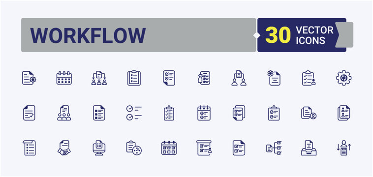 Workflow vector line icon set. Contains outline symbols like work, list, manage and more. Task icon collection. Icons for UI design. Editable stroke vector art.