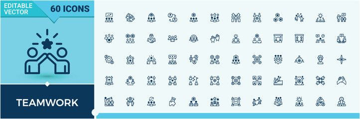 Teamwork vector icon set. Includes thin line work, network, management, employee, training, career and more. Minimal icons pack. Business icon collection. Pixel perfect. Vector line and solid icons.