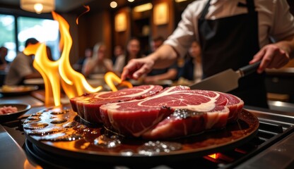 A close-up shot of raw beef being cooked on a charcoal grill with visible flames