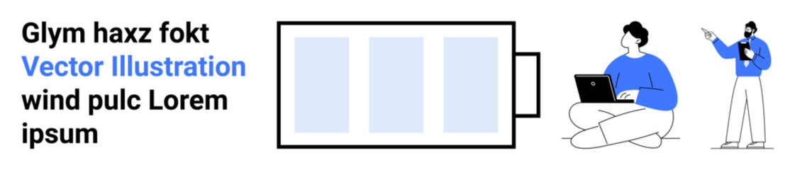 Battery with charging indicator beside two people collaborating one using a laptop, one presenting. Ideal for energy, teamwork, innovation, brainstorming, technology, collaboration, simple landing