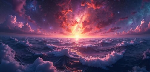 Vibrant cosmic seascape panorama. Fiery nebula illuminates dark waters. Fantasy sky with stars. Dreamlike surreal ocean waves with foam, cosmic landscape. Abstract art for wallpaper, background