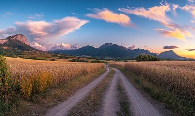Country road leads to mountains under picturesque sky at sunset.