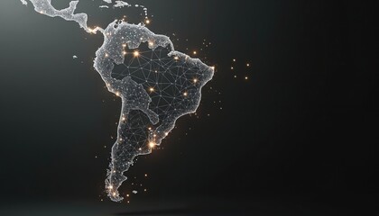 Modern design South America outline with glowing dots, lines connections, communication, futuristic style, low poly wireframe for infographics, digital technology business, neon polygonal mesh