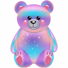 A Y2K style bear with a cosmic, galactic glow, complete with sparkling stars and cute, rosy cheeks. Displays a dreamy pastel aesthetic with a soft gradient of pink, purple and blue.